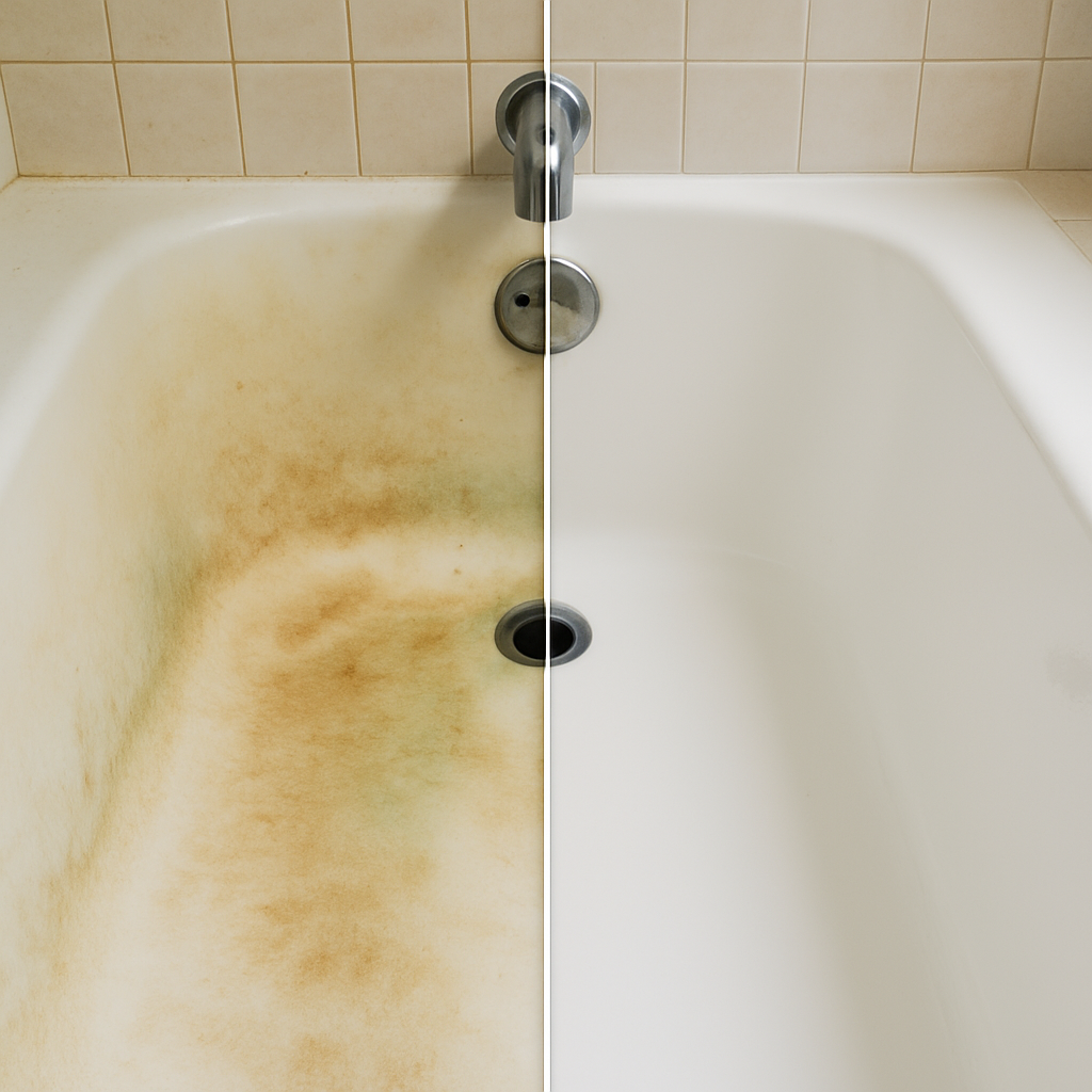Tub refinishing services restoring bathtub with heavy stains to clean white finish