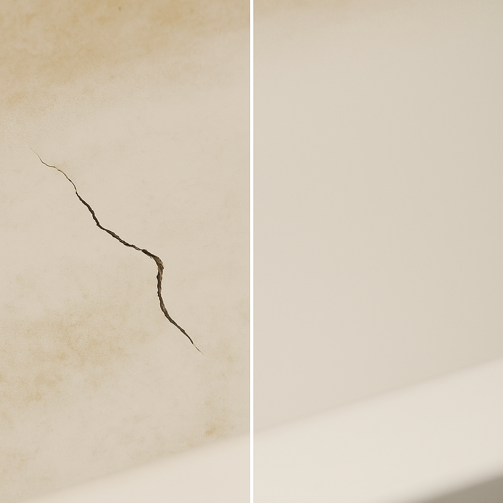 Bathtub crack repair before and after image with seamless refinishing finish