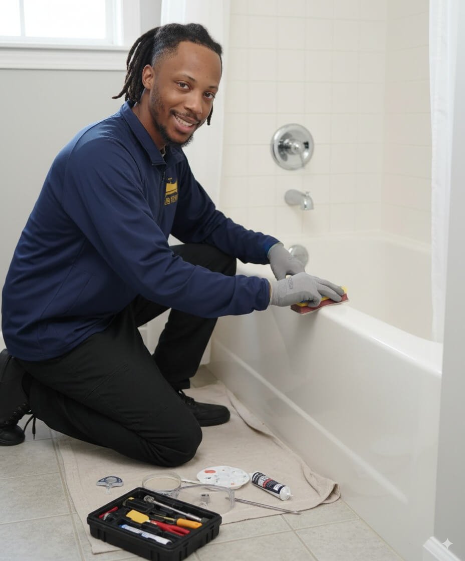 Professional tub refinishing service with technician repairing and reglazing bathtub
